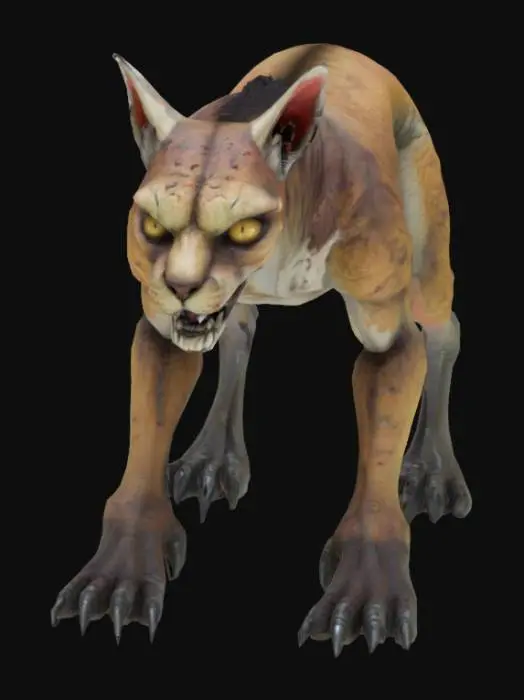 3D model for post-apocalyptic, a realistic slightly mutated cougar in the style of Takahide Hori, Phil Tippett, Guillermo del Toro and Tim Burton, Highly Detailed