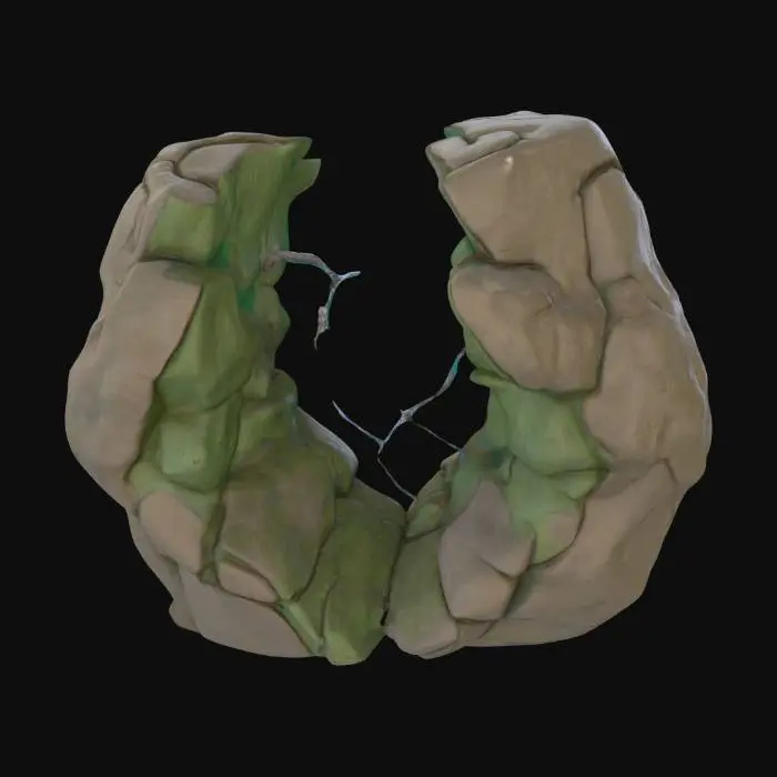 3D model for  A stone jutting out of an open wound like the trunk of a tree that was shattered by lightning. It looks like bone that sheds the outer layer like bark on a tree, but irovy.