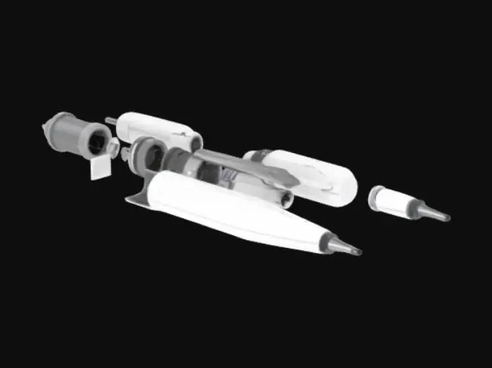 3D model for exploded view of a simple ballpoint pen, showing its main parts separated: the outer barrel, the ink tube, the tip, and the cap, clean and modern style
