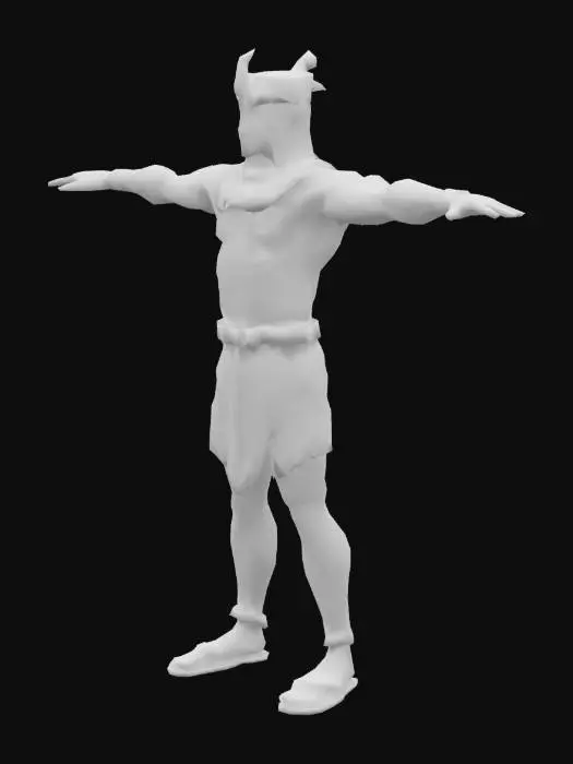 3D model for A full-body 3D model of an ancient Egyptian male character in a clearly defined T-pose (arms stretched horizontally, standing upright, neutral expression). He has a lean, muscular build with dark bronze skin. Wears a white linen shendyt (kilt) with a gold belt, no shirt. Gold and blue decorative collar (wesekh) over shoulders. Gold armbands, bracelets, and leather sandals with straps. Short black hair or braided wig with a gold cobra headband (uraeus). Semi-realistic, clean and stylized design. T-pose is essential for rigging and animation.

