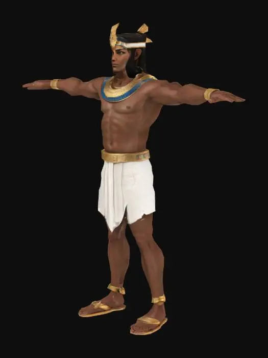 3D model for A full-body 3D model of an ancient Egyptian male character in a clearly defined T-pose (arms stretched horizontally, standing upright, neutral expression). He has a lean, muscular build with dark bronze skin. Wears a white linen shendyt (kilt) with a gold belt, no shirt. Gold and blue decorative collar (wesekh) over shoulders. Gold armbands, bracelets, and leather sandals with straps. Short black hair or braided wig with a gold cobra headband (uraeus). Semi-realistic, clean and stylized design. T-pose is essential for rigging and animation.

