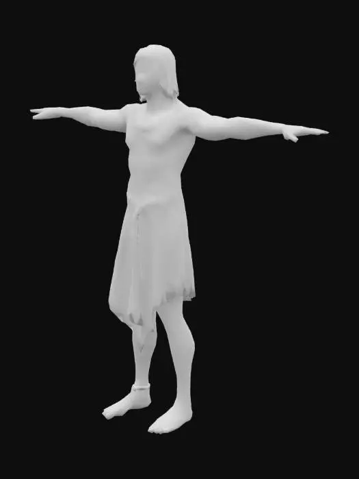 3D model for A full-body 3D model of an ancient Egyptian male character in a clearly defined T-pose (arms stretched horizontally, standing upright, neutral expression). He has a lean, muscular build with dark bronze skin. Wears a white linen shendyt (kilt) with a gold belt, no shirt. Gold and blue decorative collar (wesekh) over shoulders. Gold armbands, bracelets, and leather sandals with straps. Short black hair or braided wig with a gold cobra headband (uraeus). Semi-realistic, clean and stylized design. T-pose is essential for rigging and animation.

