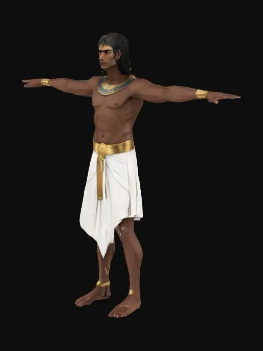 3D model for A full-body 3D model of an ancient Egyptian male character in a clearly defined T-pose (arms stretched horizontally, standing upright, neutral expression). He has a lean, muscular build with dark bronze skin. Wears a white linen shendyt (kilt) with a gold belt, no shirt. Gold and blue decorative collar (wesekh) over shoulders. Gold armbands, bracelets, and leather sandals with straps. Short black hair or braided wig with a gold cobra headband (uraeus). Semi-realistic, clean and stylized design. T-pose is essential for rigging and animation.

