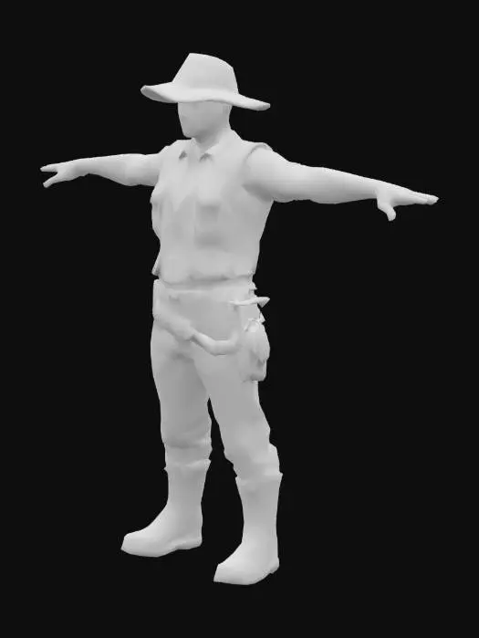 3D model for "T-pose. 25 years old. Rugged and sturdy build. Short, messy dark brown hair. Steady hazel eyes. Wears worn, dark trousers tucked into muddy leather work boots. A light linen shirt with rolled-up sleeves, slightly open at the neck. A rough leather vest with large pockets for tools. Wide-brimmed straw hat for sun protection. Thick leather belt with a utility pouch. HDR. High quality texture. Defined surface. Clean geometry. #game figure#"