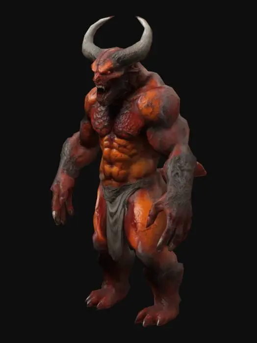 3D model for t-pose.
#Realstic# Demon With a bloody face with lots of teeth and horns hard and detailed body heavily muscular like godzilla and skin having scratches and dressed as a warrior of devil. Color Combination of silver red orange and add many more, well lit highest detail ,