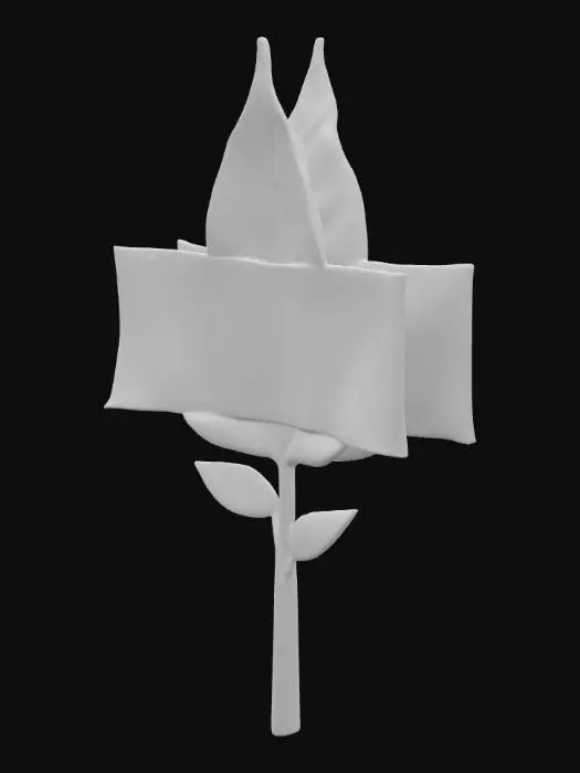 3D model for Model a plant marker shaped like a leaf with long stakes that can be inserted into soil.  The marker should have a raised banner where plant names can be embossed, and include subtle surface textures (veins or bark patterns) to evoke nature.  