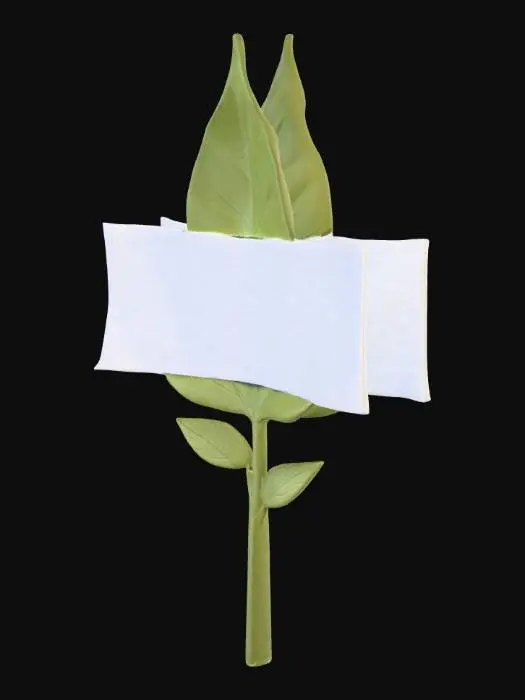 3D model for Model a plant marker shaped like a leaf with long stakes that can be inserted into soil.  The marker should have a raised banner where plant names can be embossed, and include subtle surface textures (veins or bark patterns) to evoke nature.  