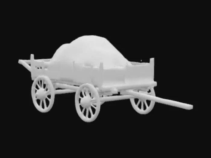 3D model for A realistic old wooden hay cart, made entirely of aged wood, filled with a large pile of hay. The cart is rustic, with visible wear, scratches, and cracks. It has traditional wooden wheels with iron rims. The hay is loose and fluffy, slightly spilling over the edges. The overall style is rural, simple, and from the early 1900s countryside.