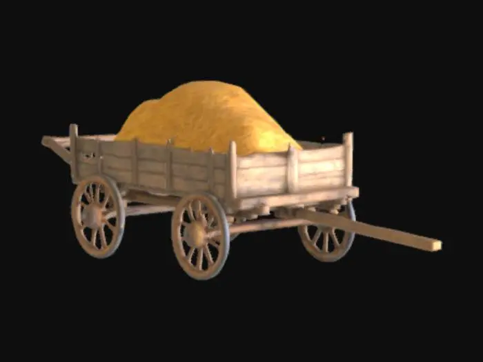3D model for A realistic old wooden hay cart, made entirely of aged wood, filled with a large pile of hay. The cart is rustic, with visible wear, scratches, and cracks. It has traditional wooden wheels with iron rims. The hay is loose and fluffy, slightly spilling over the edges. The overall style is rural, simple, and from the early 1900s countryside.