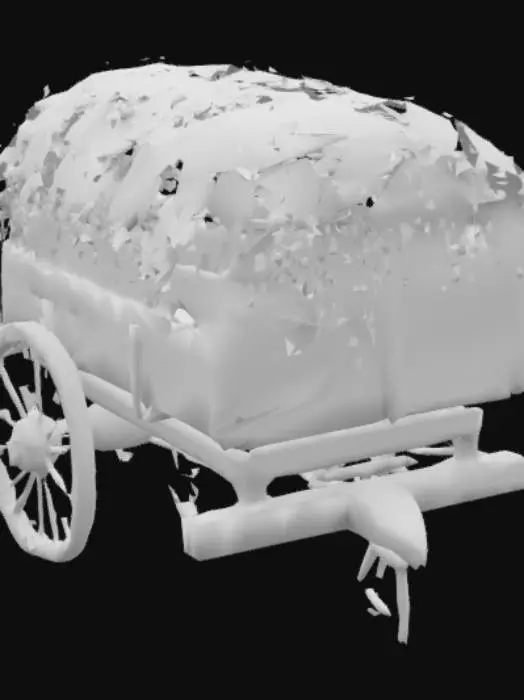 3D model for A realistic old wooden hay cart, made entirely of aged wood, filled with a large pile of hay. The cart is rustic, with visible wear, scratches, and cracks. It has traditional wooden wheels with iron rims. The hay is loose and fluffy, slightly spilling over the edges. The overall style is rural, simple, and from the early 1900s countryside.