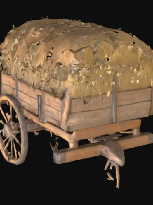 3D model for A realistic old wooden hay cart, made entirely of aged wood, filled with a large pile of hay. The cart is rustic, with visible wear, scratches, and cracks. It has traditional wooden wheels with iron rims. The hay is loose and fluffy, slightly spilling over the edges. The overall style is rural, simple, and from the early 1900s countryside.