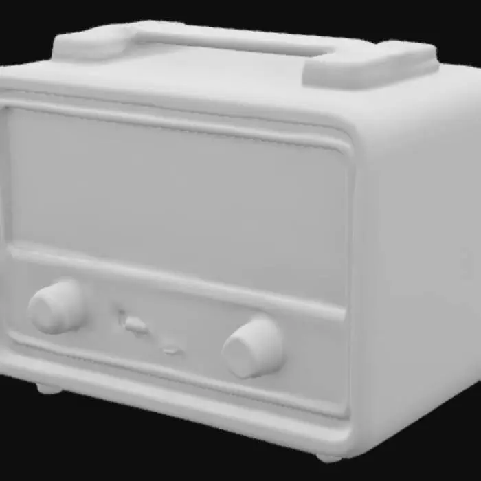 3D model for A vintage Romanian radio from the 1980s, made of plastic and wood, with analog knobs and a fabric speaker grille. Slightly dusty, with a nostalgic communist-era look.
