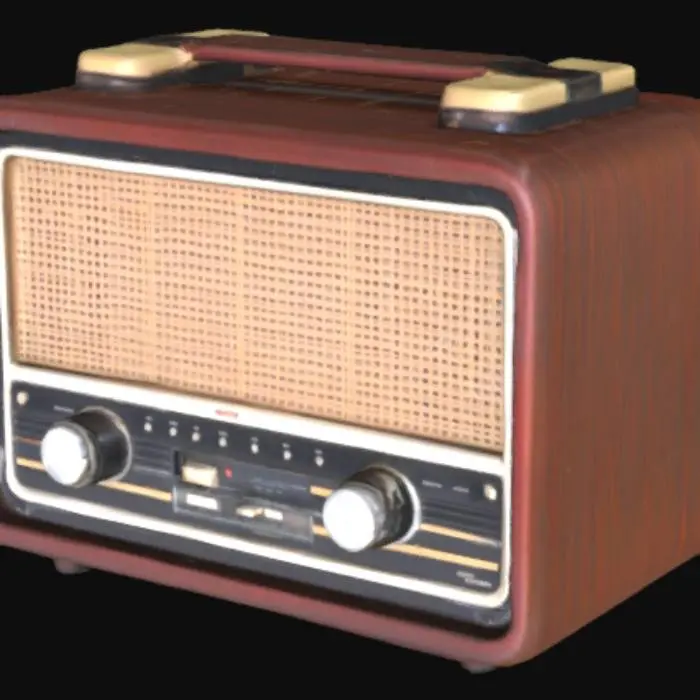 3D model for A vintage Romanian radio from the 1980s, made of plastic and wood, with analog knobs and a fabric speaker grille. Slightly dusty, with a nostalgic communist-era look.