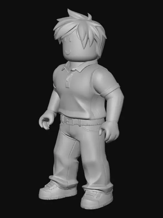 3D model for quiero un personaje de Roblox, Tiene el pelo negro y corto, camiseta estilo polo moderna color negro y marron, Pantalones baqueros azul.