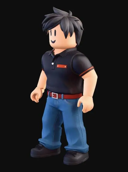 3D model for quiero un personaje de Roblox, Tiene el pelo negro y corto, camiseta estilo polo moderna color negro y marron, Pantalones baqueros azul.