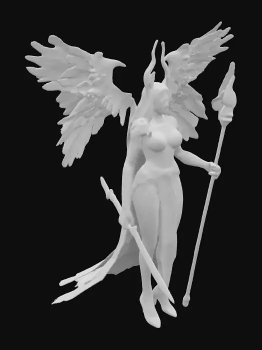 3D model for 
A detailed 3D model of Morrigan, the Celtic goddess of war, death, and fertility. She has long black hair, red eyes, and wears dark Celtic armor with raven motifs. A tattered black cloak flows behind her. She holds a spear and a magical staff, surrounded by spectral ravens. Her stance is regal and fierce, standing atop a battlefield with fallen warriors. The model should have realistic textures, glowing magical effects, and a supernatural aura.