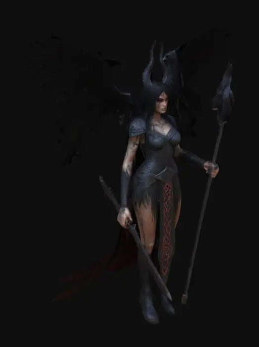 3D model for 
A detailed 3D model of Morrigan, the Celtic goddess of war, death, and fertility. She has long black hair, red eyes, and wears dark Celtic armor with raven motifs. A tattered black cloak flows behind her. She holds a spear and a magical staff, surrounded by spectral ravens. Her stance is regal and fierce, standing atop a battlefield with fallen warriors. The model should have realistic textures, glowing magical effects, and a supernatural aura.