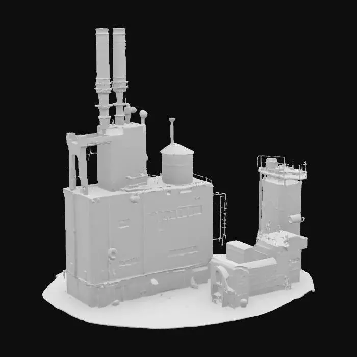 3D model for Generate an industrial building for a mobile game following the style of a cinematic environment, hand-painted digital illustration, painterly style, lush green foliage, soft dappled sunlight, layered parallax backgrounds, natural palette, atmosphere of mystery and peace,  Planet of Lana inspired, storybook aesthetic, 2D game concept art.
