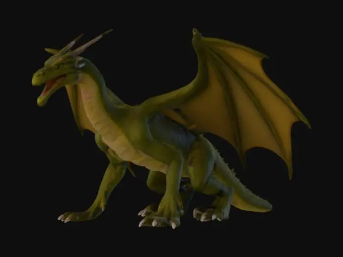 3D model for  formidable, lean wyvern-like dragon, posed in a neutral T-stance, ready for articulation. Its powerful, two-legged body is covered in tough, desaturated olive-green scales with a subtly rough texture, transitioning to a dull beige on its underbelly. Large, leathery wings, serving as its primary forelimbs, stretch with taut, semi-translucent membranes, detailed with visible veins, emphasizing a modular skeletal structure. A long, serpentine neck supports an angular, reptilian head with sharp snouts and piercing eyes. Its whip-like tail ends in a bony, pointed barb.
