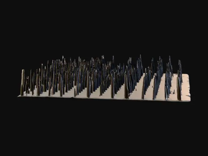 3D model for A section of dark, weathered stone wall, initially appearing unremarkable, but upon closer inspection, tiny, almost imperceptible vertical slits are visible. Concealed within are dozens of long, slender, sharpened metal spikes, their tips gleaming faintly. The spikes are a dark, almost black steel, slightly oily, designed to slide effortlessly. The stone around the slits is chipped and scuffed.