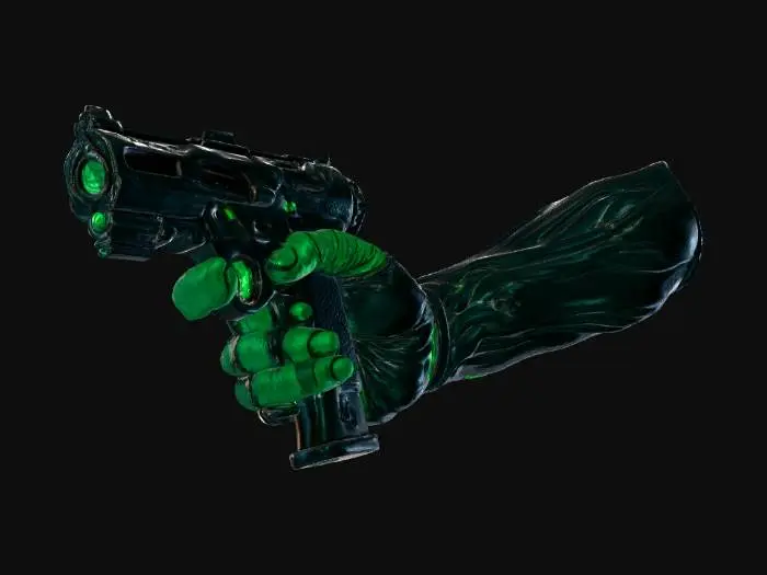 3D model for **"A highly detailed, game-ready 3D model of a Bioluminescent Xenotech Wrist-Mounted Laser Cannon. This device is a symbiosis of alien biomechanics and humanoid technology, designed to seamlessly integrate onto a player's forearm/ make only wrist's model weappn.
Attachment: The primary body is secured by integrated, retractable bio-tendrils or chitinous clamps that look like they are organically gripping the user's skin, supplemented by a metal alloy locking mechanism near the wrist joint for a secure, technological fit.

Style: Hard Sci-Fi, Giger-esque Biomechanical, Alien Artifact.


Lighting: The model requires strong emissive maps for the bioluminescent veins and the charging core
Target Output: PBR textured, high-resolution mesh suitable for a first-person shooter (FPS) game asset."**
