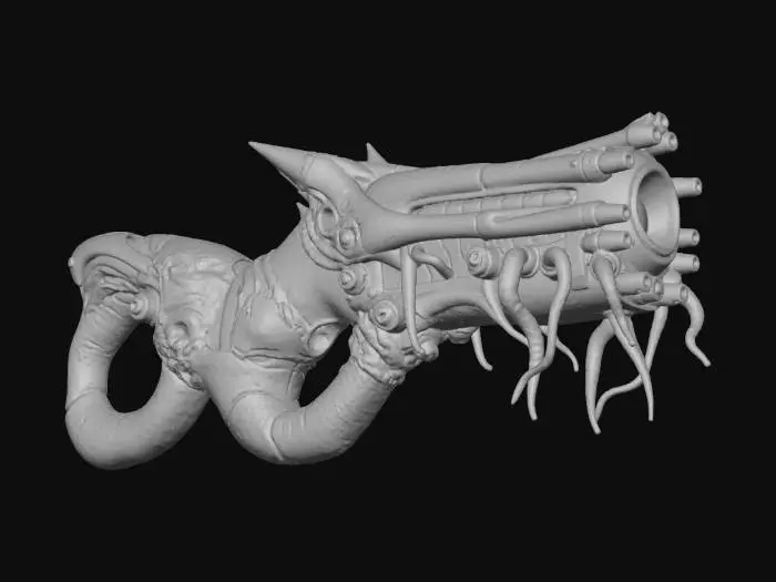 3D model for **"A highly detailed, game-ready 3D model of a Bioluminescent Xenotech Wrist-Mounted Laser Cannon. This device is a symbiosis of alien biomechanics and humanoid technology, designed to seamlessly integrate onto a player's forearm/wrist only make wrist weapon.

Attachment: The primary body is secured by integrated, retractable bio-tendrils or chitinous clamps that look like they are organically gripping the user's skin, supplemented by a metal alloy locking mechanism near the wrist joint for a secure, technological fit.

Style: Hard Sci-Fi, Giger-esque Biomechanical, Alien Artifact.


Lighting: The model requires strong emissive maps for the bioluminescent veins and the charging core
Target Output: PBR textured, high-resolution mesh suitable for a first-person shooter (FPS) game asset."**