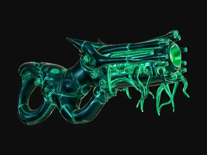 3D model for **"A highly detailed, game-ready 3D model of a Bioluminescent Xenotech Wrist-Mounted Laser Cannon. This device is a symbiosis of alien biomechanics and humanoid technology, designed to seamlessly integrate onto a player's forearm/wrist only make wrist weapon.

Attachment: The primary body is secured by integrated, retractable bio-tendrils or chitinous clamps that look like they are organically gripping the user's skin, supplemented by a metal alloy locking mechanism near the wrist joint for a secure, technological fit.

Style: Hard Sci-Fi, Giger-esque Biomechanical, Alien Artifact.


Lighting: The model requires strong emissive maps for the bioluminescent veins and the charging core
Target Output: PBR textured, high-resolution mesh suitable for a first-person shooter (FPS) game asset."**