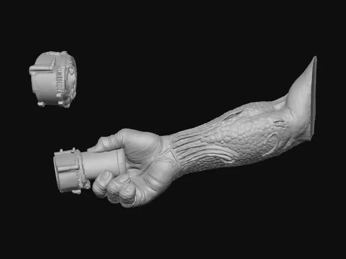 3D model for "Generate a single, game-ready, high-resolution 3D model of a Bioluminescent Xenotech Wrist-Integrated Laser Emitter. This device is designed as a sophisticated, biomechanically fused wrist-cuff or gauntlet, not a traditional handheld weapon. Its form precisely contours to a human wrist, emphasizing seamless technological integration. The chassis is a dark, polished, chitin-like composite with pulsating green/cyan xenobiological veins (strong PBR emissive maps). It features subtle, organic bio-tendril connectors and a sleek metal alloy securing clasp. The only prominent weapon feature is a compact, energy-focusing laser barrel/emitter integrated smoothly into the cuff's design, positioned for firing. Style: Hard Sci-Fi, Alien Biomechanical Techwear. Include subtle wear and alien corrosion"