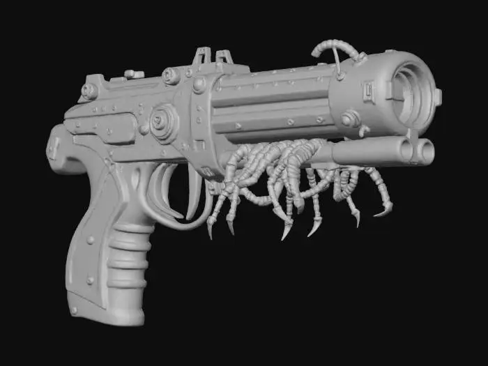 3D model for **"A highly detailed, game-ready 3D model of a Bioluminescent Xenotech Wrist-Mounted Laser Cannon. This device is a symbiosis of alien biomechanics and humanoid technology, designed to seamlessly integrate onto a player's forearm/wrist only make the weapon.

Attachment: The primary body is secured by integrated, retractable bio-tendrils or chitinous clamps that look like they are organically gripping the user's skin, supplemented by a metal alloy locking mechanism near the wrist joint for a secure, technological fit.

Style: Hard Sci-Fi, Giger-esque Biomechanical, Alien Artifact.


Lighting: The model requires strong emissive maps for the bioluminescent veins and the charging core
Target Output: PBR textured, high-resolution mesh suitable for a first-person shooter (FPS) game asset."**