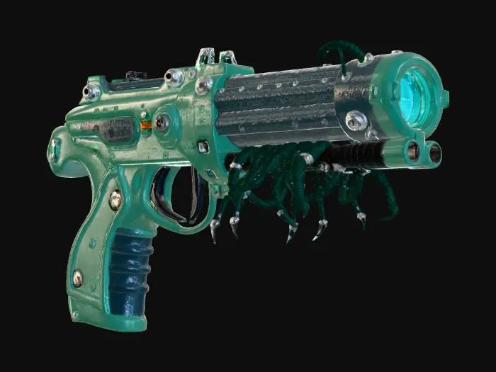 3D model for **"A highly detailed, game-ready 3D model of a Bioluminescent Xenotech Wrist-Mounted Laser Cannon. This device is a symbiosis of alien biomechanics and humanoid technology, designed to seamlessly integrate onto a player's forearm/wrist only make the weapon.

Attachment: The primary body is secured by integrated, retractable bio-tendrils or chitinous clamps that look like they are organically gripping the user's skin, supplemented by a metal alloy locking mechanism near the wrist joint for a secure, technological fit.

Style: Hard Sci-Fi, Giger-esque Biomechanical, Alien Artifact.


Lighting: The model requires strong emissive maps for the bioluminescent veins and the charging core
Target Output: PBR textured, high-resolution mesh suitable for a first-person shooter (FPS) game asset."**