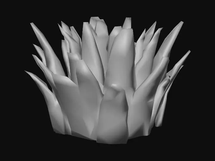 3D model for A small, optimized low-poly grass detail mesh, designed as a tight cluster of simplified, flat-shaded blades. The color is a vibrant, uniform green, without complex gradients to maintain its minimalist aesthetic. Each blade is a sharp, angular polygon, arranged to give the impression of a natural clump rather than individual strands. The overall structure is deliberately geometric, ensuring efficient rendering and a clean, stylized appearance suitable for large-scale terrain ground cover in a low-polygon environment.