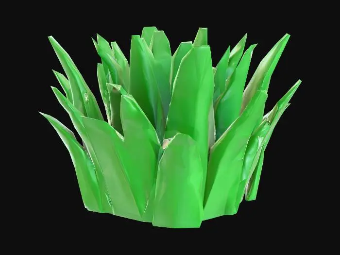 3D model for A small, optimized low-poly grass detail mesh, designed as a tight cluster of simplified, flat-shaded blades. The color is a vibrant, uniform green, without complex gradients to maintain its minimalist aesthetic. Each blade is a sharp, angular polygon, arranged to give the impression of a natural clump rather than individual strands. The overall structure is deliberately geometric, ensuring efficient rendering and a clean, stylized appearance suitable for large-scale terrain ground cover in a low-polygon environment.