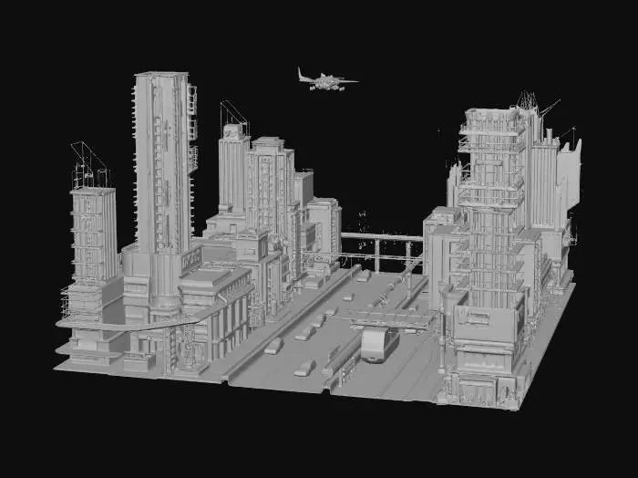 3D model for High-fidelity 3D game environment of a sprawling neo-cyberpunk city, cinematic HDR lighting with 10-bit color depth. Extreme geometric detail with modular sci-fi architecture, PBR materials featuring wet asphalt, brushed steel, and emissive neon glass. Volumetric fog and real-time ray-traced reflections in puddles. High dynamic range balance between deep shadows and blindingly bright holographic advertisements. Ultra-dense urban atmosphere with layered verticality, flying vehicles, and complex pipework. 8K textures, Nanite-level micro-poly detail, Lumen global illumination, sharp contrast, vibrant teal and magenta palette against dark obsidian structures. Clear specular highlights, bloom effects, and photorealistic lens flare.