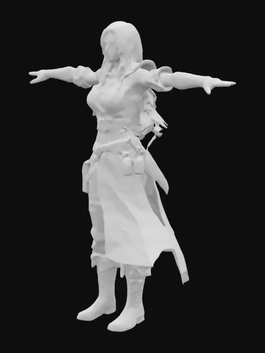 3D model for realistic body structure for a female fantasy character player with cottton clothing in T-Pose with transparent background.
