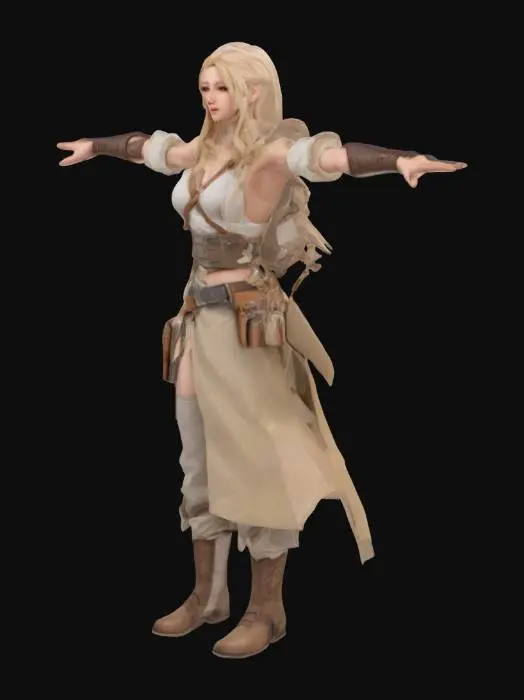 3D model for realistic body structure for a female fantasy character player with cottton clothing in T-Pose with transparent background.
