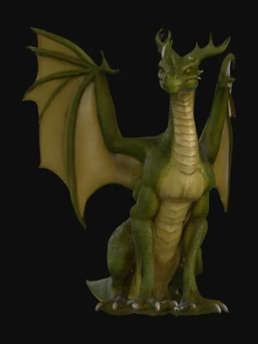 3D model for A formidable, lean dragon exhibiting the classic predatory appearance of a wyvern. Its powerful, two-legged body is covered in tough, desaturated olive-green scales with a subtly rough texture, transitioning to a lighter, dull beige on its underbelly. Large, leathery wings, serving as its primary forelimbs, stretch with taut, semi-translucent membranes, detailed with visible veins. A long, serpentine neck supports an angular, reptilian head featuring sharp snouts and small, piercing eyes. Its whip-like tail ends in a bony, pointed barb.