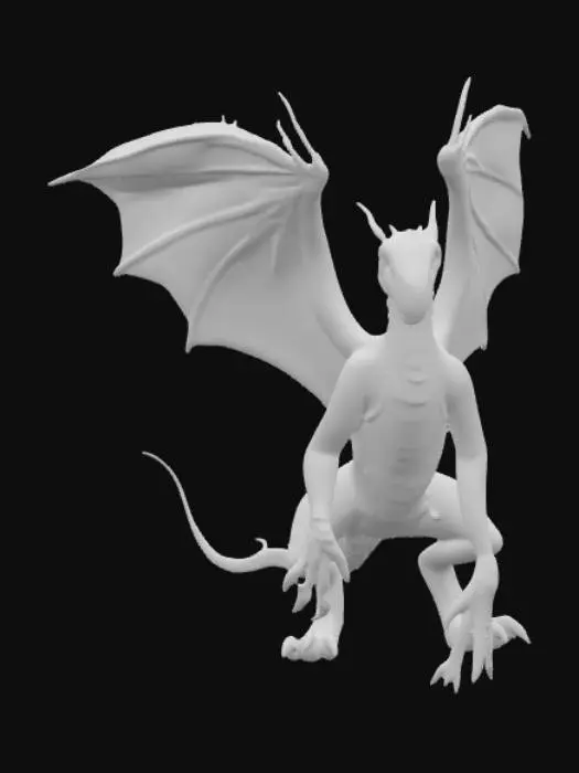 3D model for A formidable, lean dragon exhibiting the classic predatory appearance of a wyvern. Its powerful, two-legged body is covered in tough, desaturated olive-green scales with a subtly rough texture, transitioning to a lighter, dull beige on its underbelly. Large, leathery wings, serving as its primary forelimbs, stretch with taut, semi-translucent membranes, detailed with visible veins. A long, serpentine neck supports an angular, reptilian head featuring sharp snouts and small, piercing eyes. Its whip-like tail ends in a bony, pointed barb.