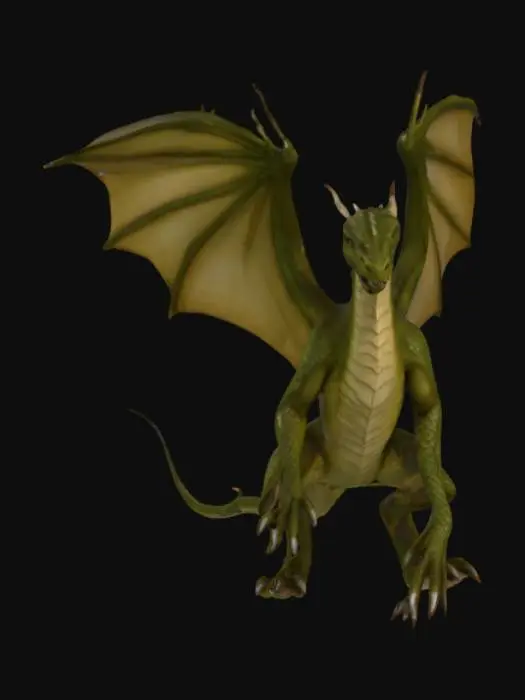 3D model for A formidable, lean dragon exhibiting the classic predatory appearance of a wyvern. Its powerful, two-legged body is covered in tough, desaturated olive-green scales with a subtly rough texture, transitioning to a lighter, dull beige on its underbelly. Large, leathery wings, serving as its primary forelimbs, stretch with taut, semi-translucent membranes, detailed with visible veins. A long, serpentine neck supports an angular, reptilian head featuring sharp snouts and small, piercing eyes. Its whip-like tail ends in a bony, pointed barb.