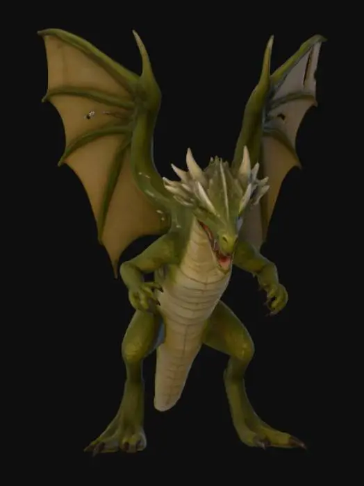 3D model for  formidable, lean wyvern-like dragon, posed in a neutral T-stance, ready for articulation. Its powerful, two-legged body is covered in tough, desaturated olive-green scales with a subtly rough texture, transitioning to a dull beige on its underbelly. Large, leathery wings, serving as its primary forelimbs, stretch with taut, semi-translucent membranes, detailed with visible veins, emphasizing a modular skeletal structure. A long, serpentine neck supports an angular, reptilian head with sharp snouts and piercing eyes. Its whip-like tail ends in a bony, pointed barb.