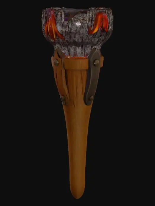 3D model for a torch that burns in wood that is round and narrower at the bottom and thicker at the top and can be attached to the wall