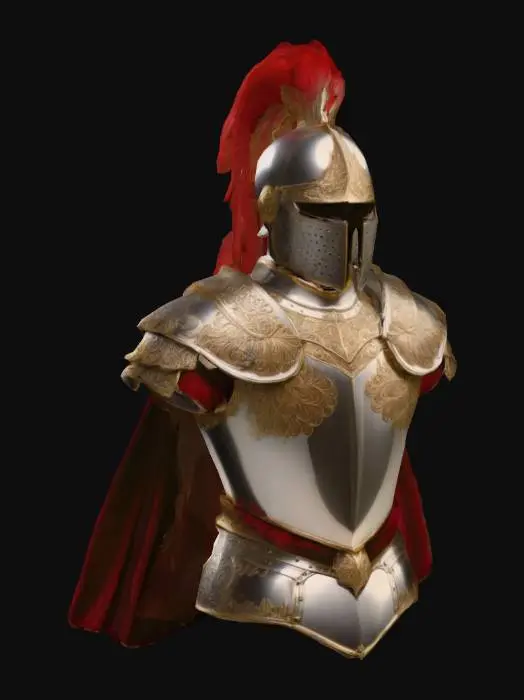 3D model for A stalwart knight in highly polished, gleaming silver plate armor, meticulously crafted with intricate gold filigree along the pauldrons and gauntlets. The helmet is adorned with a stylized plume of deep crimson feathers, matching a heavy, flowing velvet cape draped over their shoulders. The metal surfaces are smooth, reflective, and pristine, indicating constant maintenance, while the velvet has a rich, soft texture.