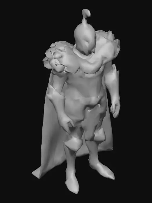 3D model for A stalwart knight in highly polished, gleaming silver plate armor, meticulously crafted with intricate gold filigree along the pauldrons and gauntlets. The helmet is adorned with a stylized plume of deep crimson feathers, matching a heavy, flowing velvet cape draped over their shoulders. The metal surfaces are smooth, reflective, and pristine, indicating constant maintenance, while the velvet has a rich, soft texture.