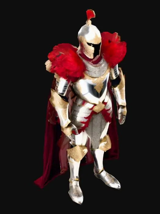 3D model for A stalwart knight in highly polished, gleaming silver plate armor, meticulously crafted with intricate gold filigree along the pauldrons and gauntlets. The helmet is adorned with a stylized plume of deep crimson feathers, matching a heavy, flowing velvet cape draped over their shoulders. The metal surfaces are smooth, reflective, and pristine, indicating constant maintenance, while the velvet has a rich, soft texture.