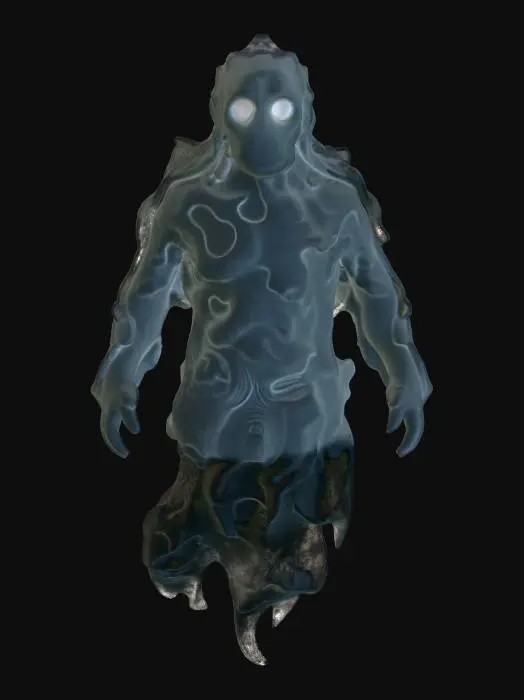 3D model for #Thanksgiving#, A spectral wisp, appearing as a translucent, vaguely humanoid form composed of swirling, pale blue mist. Its outline is indistinct and constantly shifts, giving it an ethereal, intangible quality. There are no clear facial features, only two faintly glowing, empty eye sockets that suggest a presence. It floats silently, leaving no trace, and feels like cold, damp air if one were to pass through it.