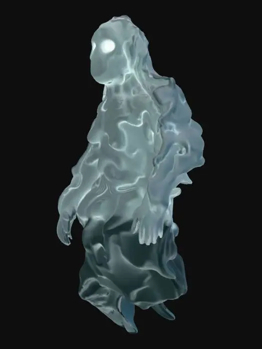 3D model for #Thanksgiving#, A spectral wisp, appearing as a translucent, vaguely humanoid form composed of swirling, pale blue mist. Its outline is indistinct and constantly shifts, giving it an ethereal, intangible quality. There are no clear facial features, only two faintly glowing, empty eye sockets that suggest a presence. It floats silently, leaving no trace, and feels like cold, damp air if one were to pass through it.