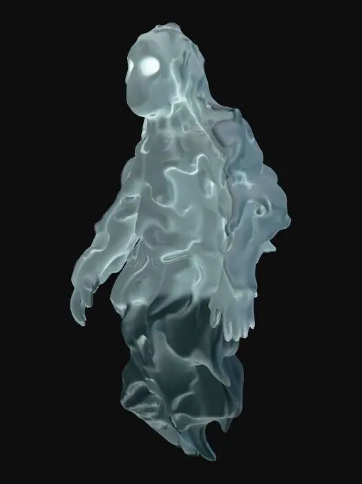 3D model for #Thanksgiving#, A spectral wisp, appearing as a translucent, vaguely humanoid form composed of swirling, pale blue mist. Its outline is indistinct and constantly shifts, giving it an ethereal, intangible quality. There are no clear facial features, only two faintly glowing, empty eye sockets that suggest a presence. It floats silently, leaving no trace, and feels like cold, damp air if one were to pass through it.