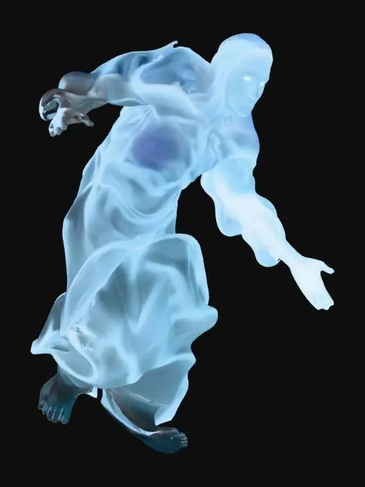 3D model for #Thanksgiving#, A spectral wisp, appearing as a translucent, vaguely humanoid form composed of swirling, pale blue mist. Its outline is indistinct and constantly shifts, giving it an ethereal, intangible quality. There are no clear facial features, only two faintly glowing, empty eye sockets that suggest a presence. It floats silently, leaving no trace, and feels like cold, damp air if one were to pass through it.