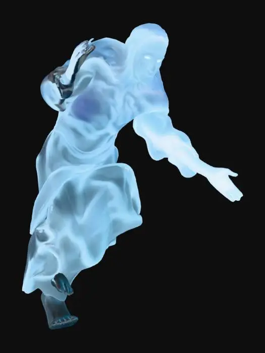 3D model for #Thanksgiving#, A spectral wisp, appearing as a translucent, vaguely humanoid form composed of swirling, pale blue mist. Its outline is indistinct and constantly shifts, giving it an ethereal, intangible quality. There are no clear facial features, only two faintly glowing, empty eye sockets that suggest a presence. It floats silently, leaving no trace, and feels like cold, damp air if one were to pass through it.