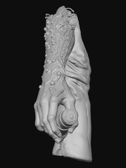 3D model for "Generate a single, game-ready, high-resolution 3D model of a standalone Bioluminescent Xenotech Wrist-Integrated Laser Emitter. This object is a self-contained, biomechanically fused wrist-cuff or gauntlet, designed to fit a human wrist (without generating the wrist itself). The chassis is a dark, polished, chitin-like composite with pulsating green/cyan xenobiological veins (strong PBR emissive maps). It features subtle, organic bio-tendril connectors and a sleek metal alloy securing clasp, designed to appear ready for attachment. A compact, energy-focusing laser barrel/emitter is integrated smoothly into the cuff's design. Style: Hard Sci-Fi, Alien Biomechanical Techwear. Include subtle wear and alien corrosion. DO NOT GENERATE ANY HAND, ARM, OR BODY PARTS."