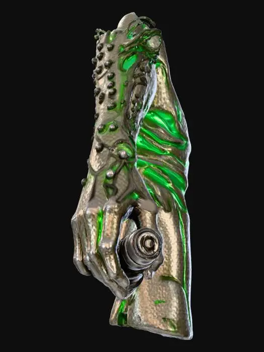 3D model for "Generate a single, game-ready, high-resolution 3D model of a standalone Bioluminescent Xenotech Wrist-Integrated Laser Emitter. This object is a self-contained, biomechanically fused wrist-cuff or gauntlet, designed to fit a human wrist (without generating the wrist itself). The chassis is a dark, polished, chitin-like composite with pulsating green/cyan xenobiological veins (strong PBR emissive maps). It features subtle, organic bio-tendril connectors and a sleek metal alloy securing clasp, designed to appear ready for attachment. A compact, energy-focusing laser barrel/emitter is integrated smoothly into the cuff's design. Style: Hard Sci-Fi, Alien Biomechanical Techwear. Include subtle wear and alien corrosion. DO NOT GENERATE ANY HAND, ARM, OR BODY PARTS."